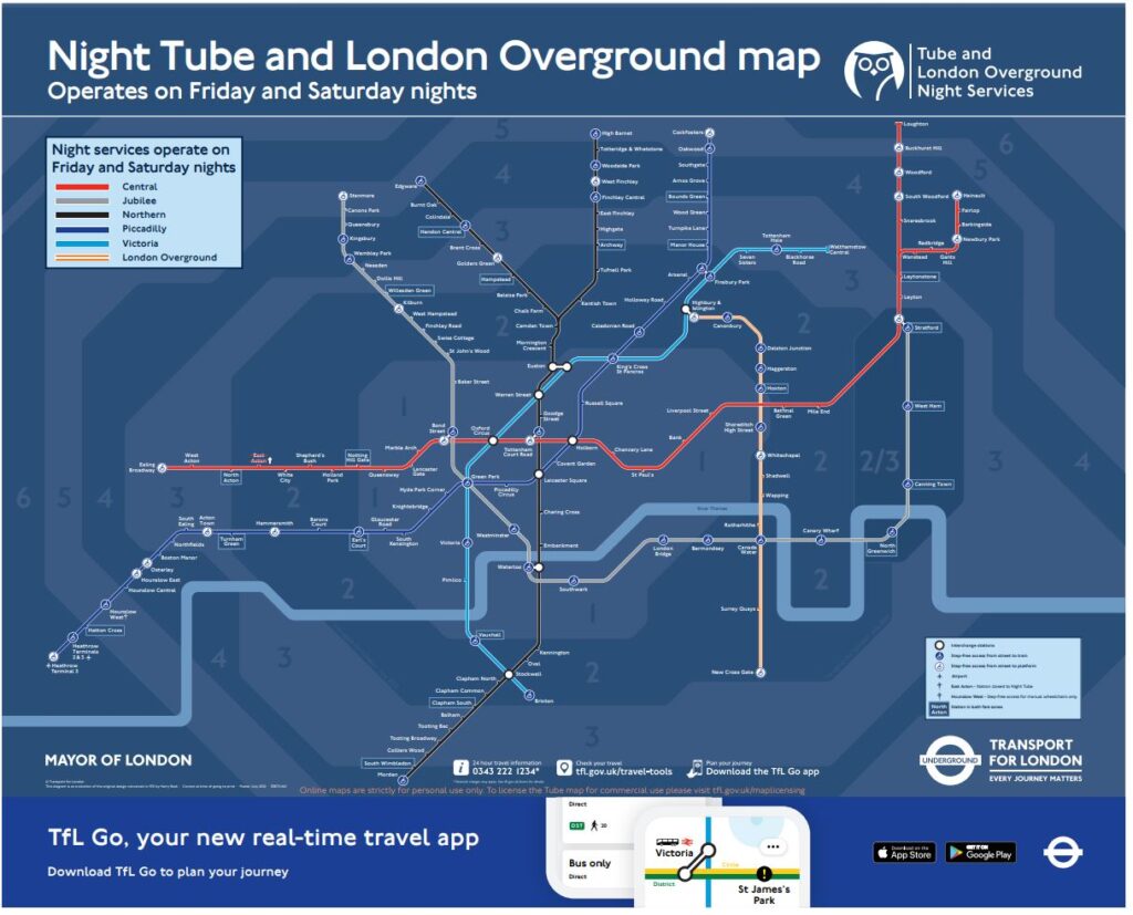 London Night Tube and Overground Map 2023