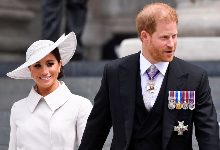 Prince Harry and Meghan, Duchess of Sussex leave St Paul’s Cathedral after attending the National Service of Thanksgiving, June 3, 2022.