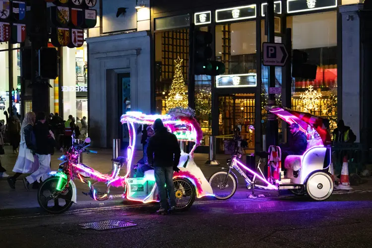 you will see pedicabs or tuk-tuks in leicester square decorated during christmas times in london
